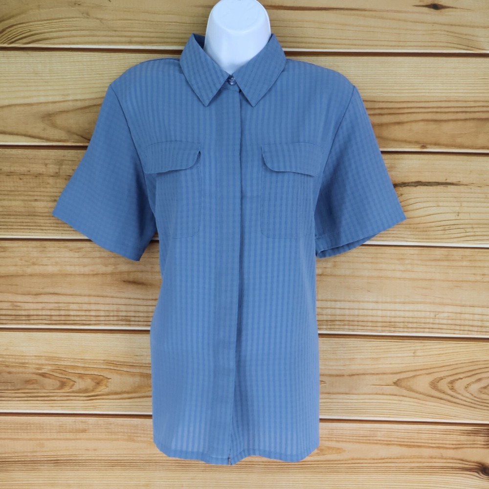 Croft &‎ Barrow Short Sleeve Button Up Shirt Womens L Blue Checks Shoulder Pads